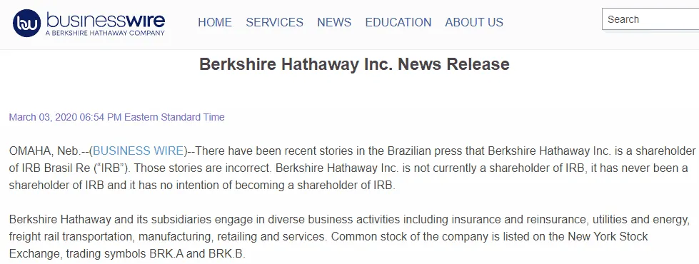 Noticia da Berkshire Hathaway de Warren Buffett sobre IRB