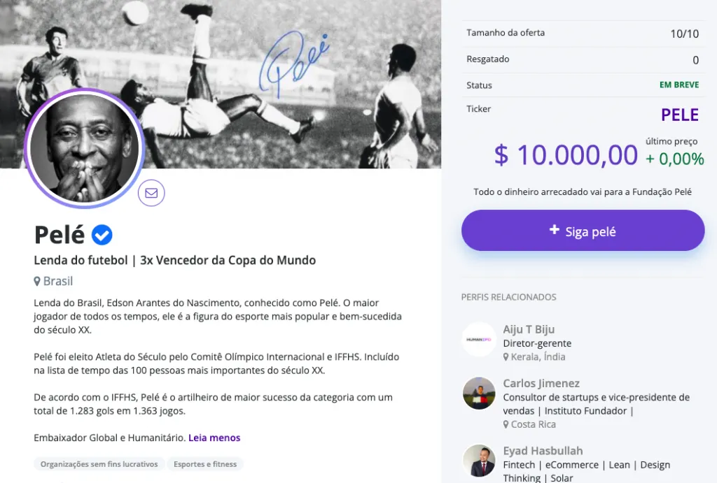 Perfil de Pelé na plataforma HumanIPO