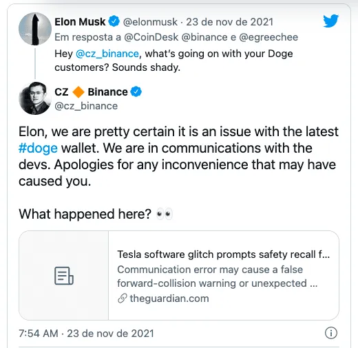 Tuíte CEO da Binance com Elon Musk