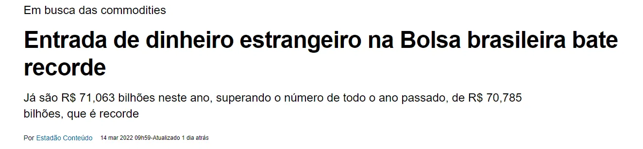 Manchete de notícia sobre entrada recorde de dinheiro estrangeiro na bolsa brasileira