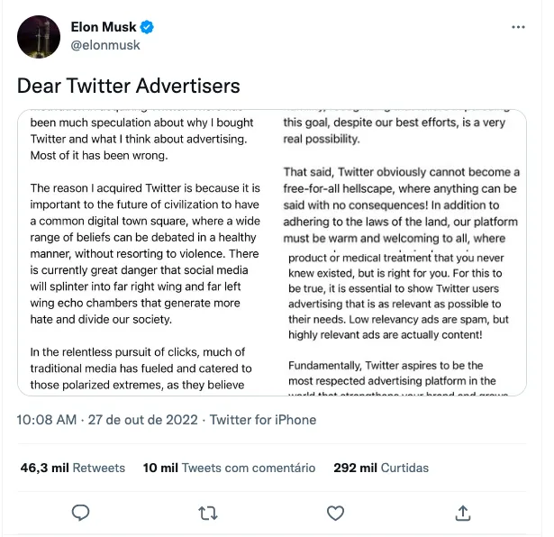 Tuíte de Elon Musk sobre motivos para a compra do Twitter